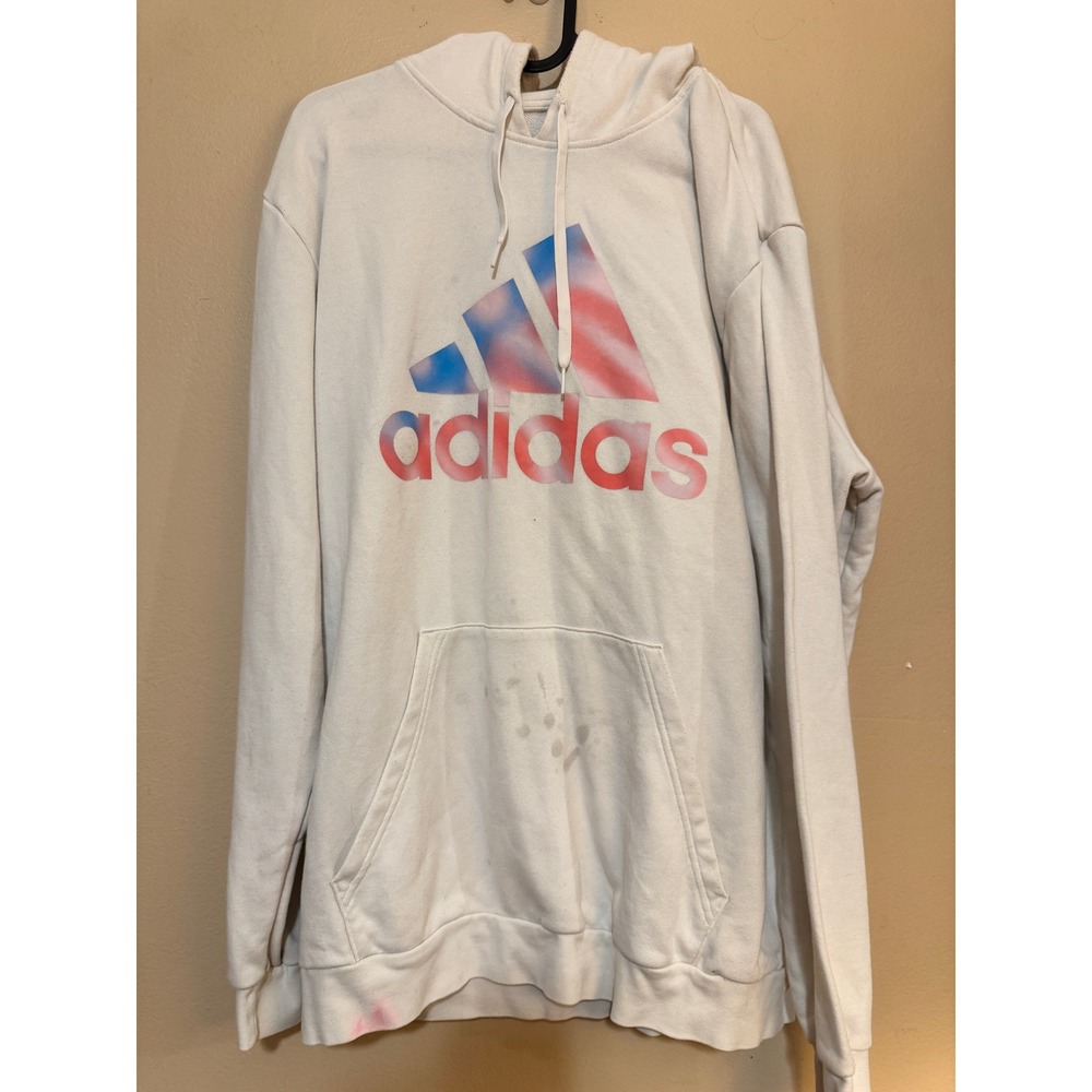 Adidas Mens XL Graphic Logo Hoodie Cream Off White Red Blue Tie Dye Print